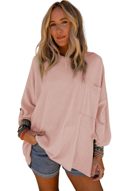 Ribbed Roll-tab Sleeve Chest Pocket Oversize Top